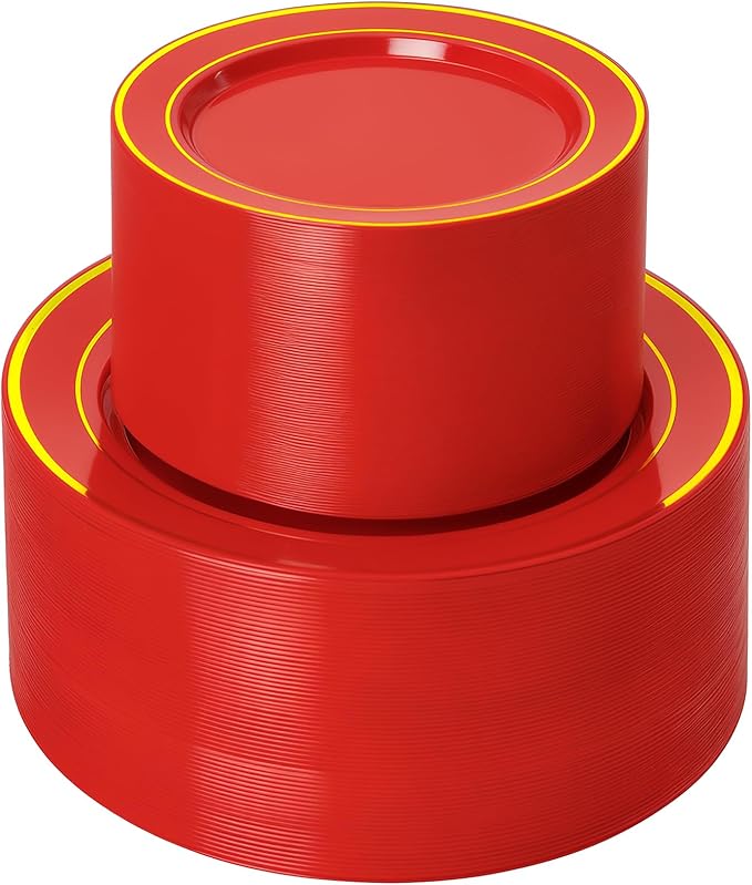 NOCCUR 200PCS Red Plastic Plates for 100 Guests - Include 100PCS 10" Dinner/ 100PCS 7" Dessert Plastic Plates Heavy Duty - Ideal for Wedding/Party/Valentines Day