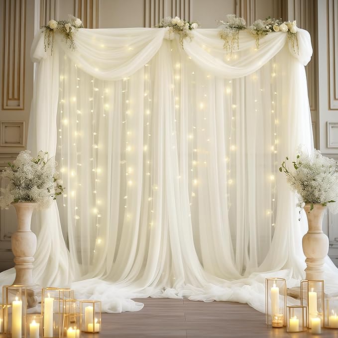 30x10ft Ivory Tulle Backdrop Curtain with Lights String for Parites, Sheer Photo Backdrop Curtains with lights for Wedding Backdrop Ceremony Reception Bridal Shower Baby Shower Birthday Party