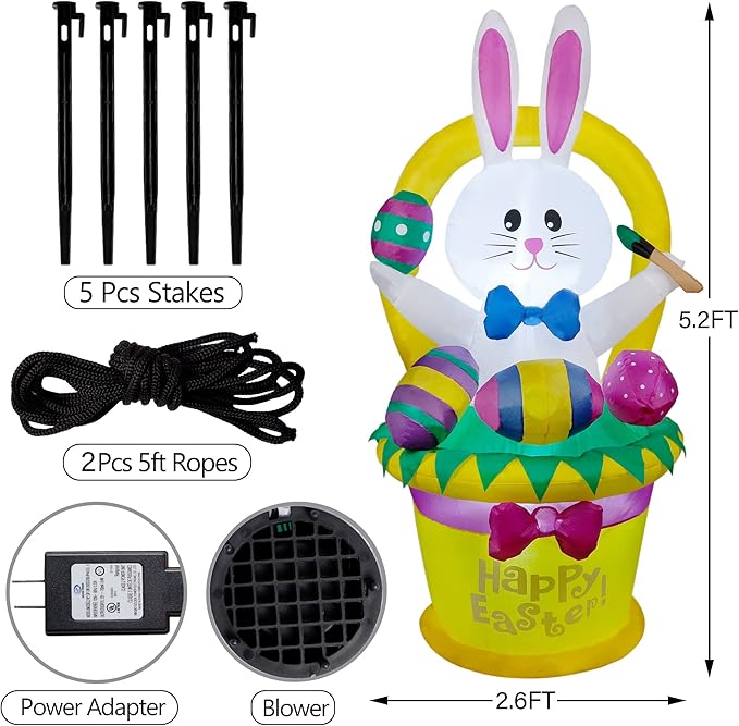 5 FT Easter Inflatable Outdoor Decoration, Inflatables Bunny with Basket and Eggs, Happy Easter Blow up Rabbit for Yard Lawn Garden Holiday Party