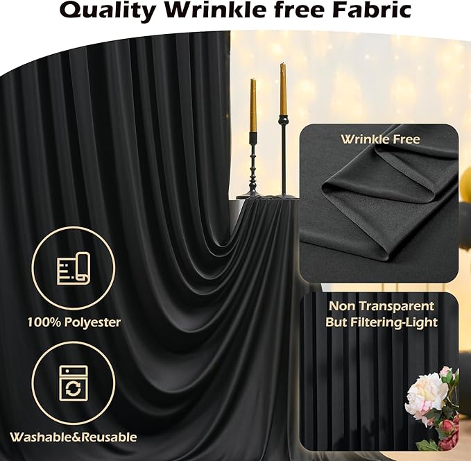 50ft x 8ft Wrinkle Free Black Backdrop Curtain for Parties Weddings, 10 Panels Silk Polyester Black Drapes for Backdrop 10 ft Photo Back Drop Cloth for Birthday Graduation Photography Background