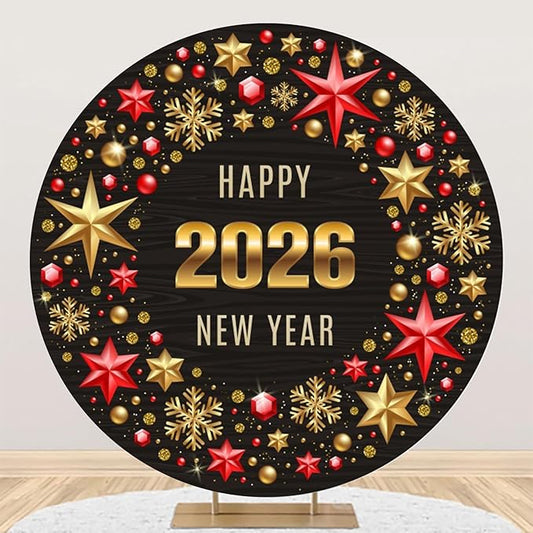 YongFoto Happy 2026 New Year Round Backdrop Cover 6ft Black Gold Red Photography Background Merry Christmas Xmas Eve New Year's Night Festival Carnival Family Celebration Party Banquet Decor Banner