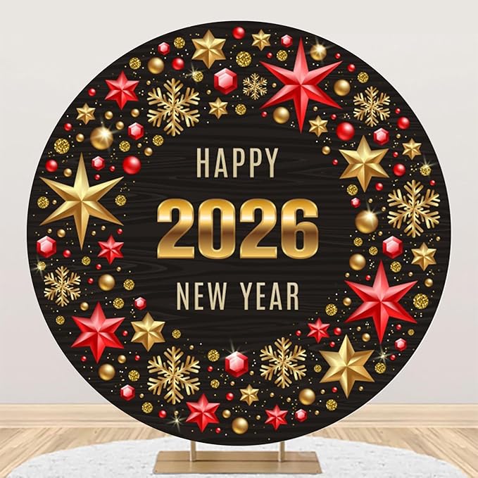 YongFoto Happy 2026 New Year Round Backdrop Cover 5ft Black Gold Red Photography Background Merry Christmas Xmas Eve New Year's Night Festival Carnival Family Celebration Party Banquet Decor Banner