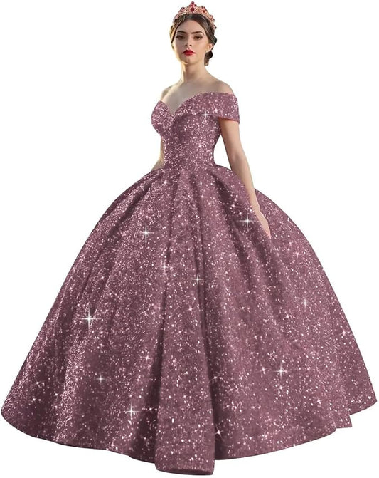 Quinceanera Dress Long Ball Gown Sparkly Sequin Off Shoulder V Neck Prom Dresses
