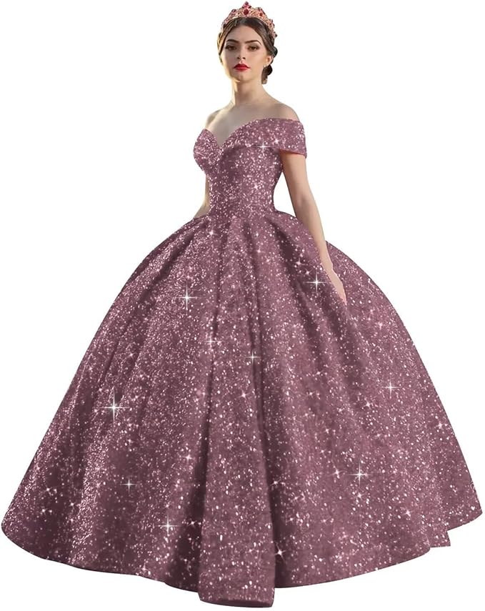 Quinceanera Dress Long Ball Gown Sparkly Sequin Off Shoulder V Neck Prom Dresses