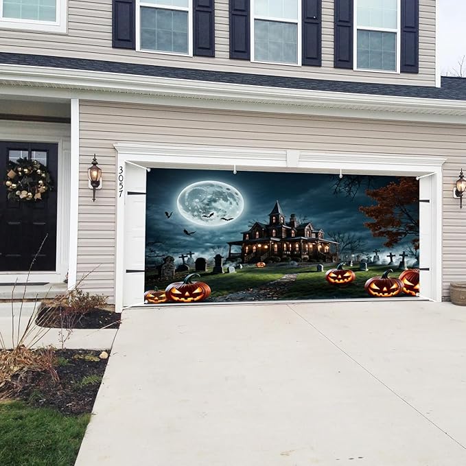 Horror Halloween Garage Door Decorations Backdrop Haunted House Moonlight Bat Terror Tomb Courtyard Wall Background Magical Night Pumpkin Trick or Treat Banner Studio Props 13x6ft