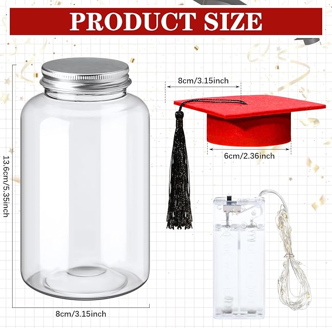 Boao 16 Sets Graduation Table Decoration Set with LED Light up Graduation Decorations for Class of 2026, Grad Jar, Felt Grad Hat and Stickers for High School College(Red)