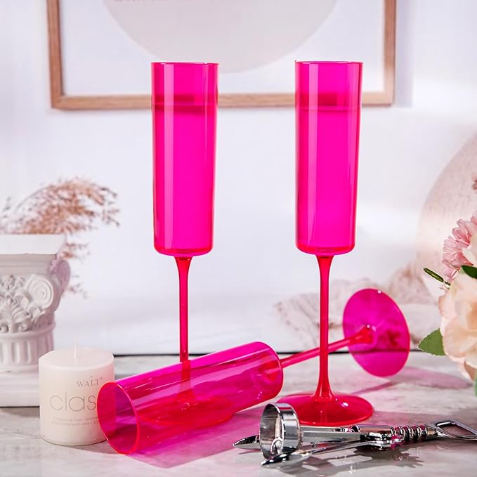 Ciaell 24 Pack Plastic Champagne Flutes - Hot Pink 6 Oz Disposable Champagne Glasses - Square Plastic Toasting Glasses for Party Birthday Anniversary Wedding & Valentine's Day