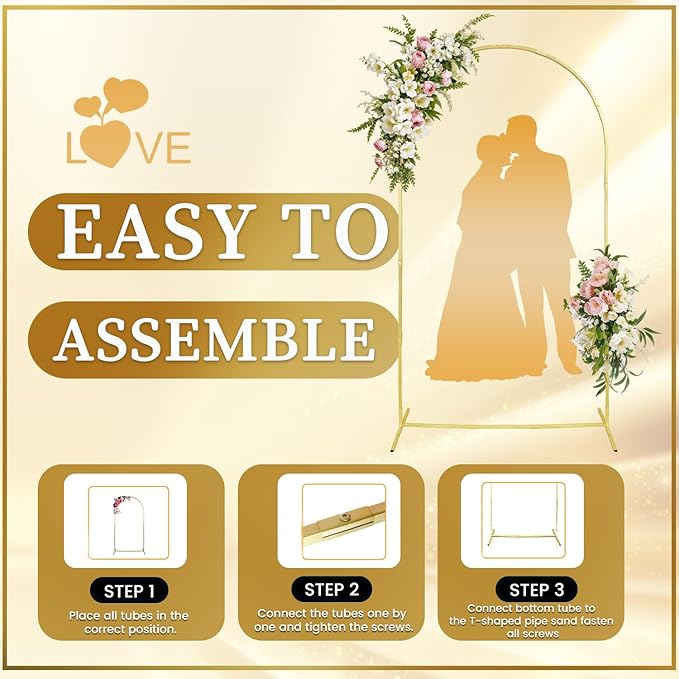 Arch Backdrop Stand – 7.2ft Metal Arch for Backdrop Set with Water Bag Base, Balloon Adhesive, Ribbon, Storage Bag – Strong Stable Gold Arched Frame for Wedding, Baby Shower, Birthday