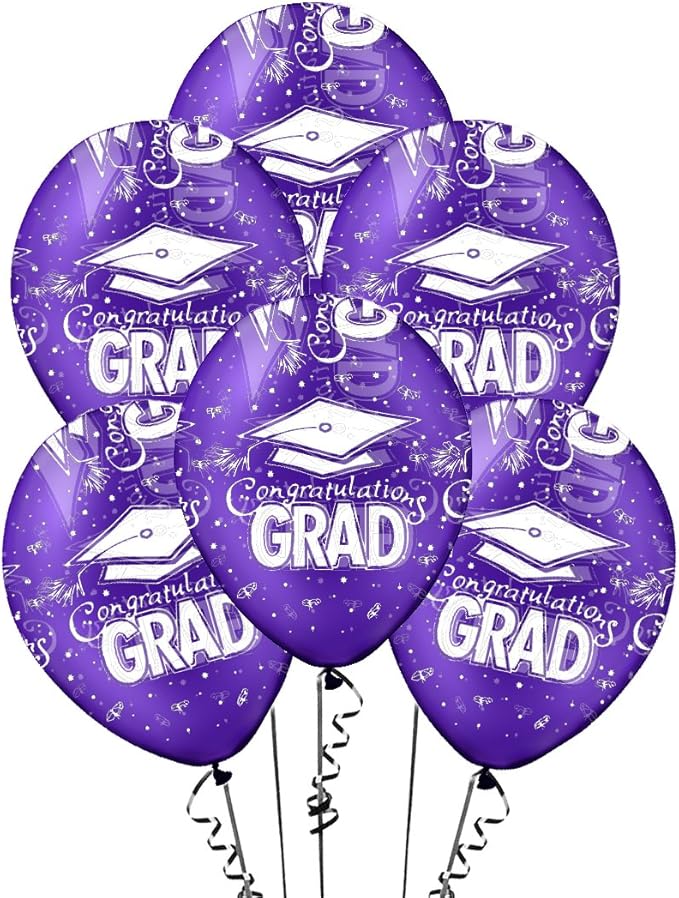 PMU 100 Pcs Crystal Purple Graduation Balloons Class of 2025 with All-Over Print White Grad Caps-Confetti and Streamers | Graduation Party Supplies | Congratulations Grad Latex Balloons Latex