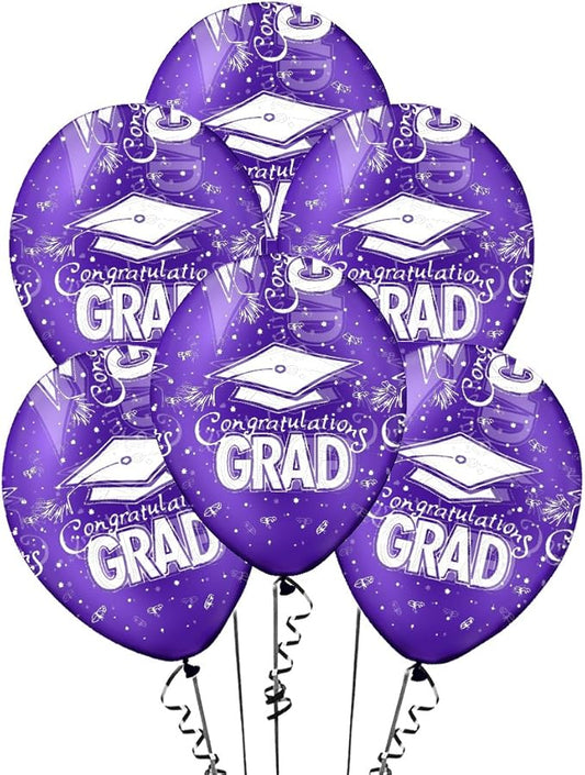PMU 100 Pcs Crystal Purple Graduation Balloons Class of 2025 with All-Over Print White Grad Caps-Confetti and Streamers | Graduation Party Supplies | Congratulations Grad Latex Balloons Latex