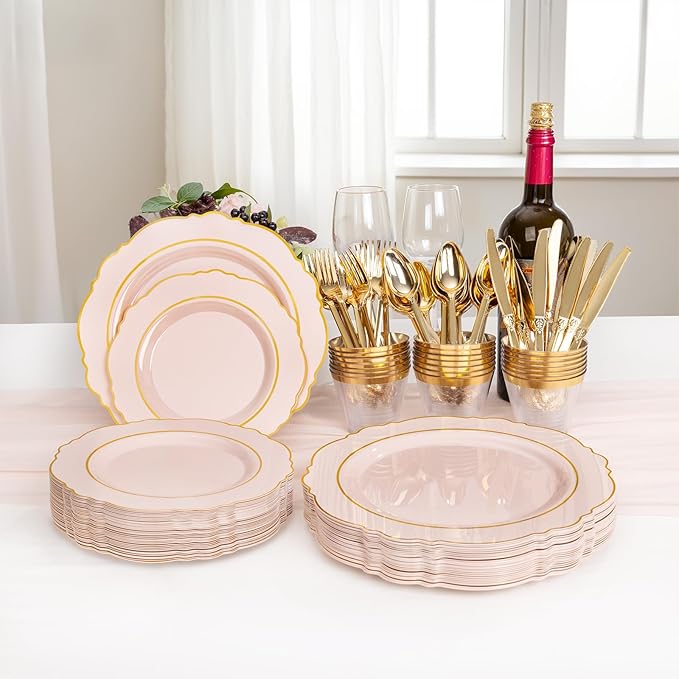 Liacere 700PCS Pink Plastic Plates-Dinnerware Sets for 100 Guests-200 Disposable Plates(10inch,7inch),300 Pink Plastic Silverware,100 Cups,100 Napkins for Wedding&Valentine's Day&Galentines Day