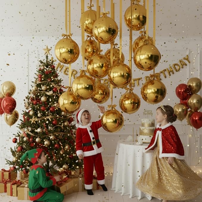 Jenaai 30 Set Round Foil Balloons Bulk 22 Inch 4d Metallic Giant Balloons Set with Satin Bows Ribbon for Ceiling Holiday Ornaments New Year Birthday Wedding Party Decoration(Gold)