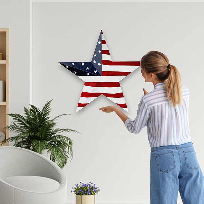JoyEvy 19.4“ Patriotic Metal Barn Star Wall Decor, American Flag Stars for House Ornaments, Indoor Outdoor Wall Hanging Primitive Decor Star for 4th of July Decoration