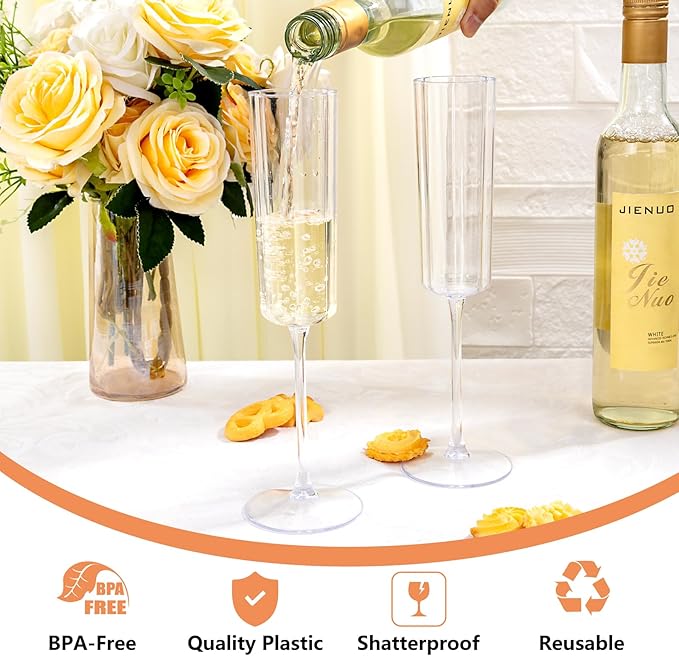 YOUBET 36 Pack Clear Champagne Flutes Plastic - 6 Oz Flower Wavy Champagne Plastic Glasses - Heavy Duty Vintage Disposable Flutes for Wedding Party Birthday Anniversary