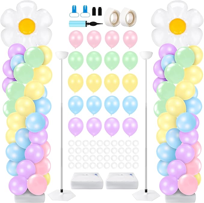 Kasyat 2 Sets Daisy Pastel Party Balloon Column Stand Kit, Adjustable Groovy Balloon Arch Stand Kit for Macaron Boho Summer Daisy Floral Theme Two Groovy Party Decoration