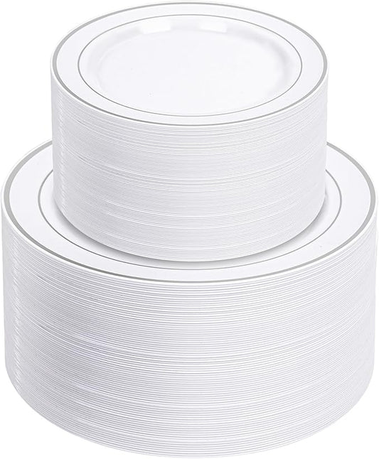 NOCCUR 200PCS Silver Plastic Plates Disposable for 100 Guests - Include 100 Dinner / 100 Dessert Plates Heavy Duty - Ideal for Party/Wedding/New Year