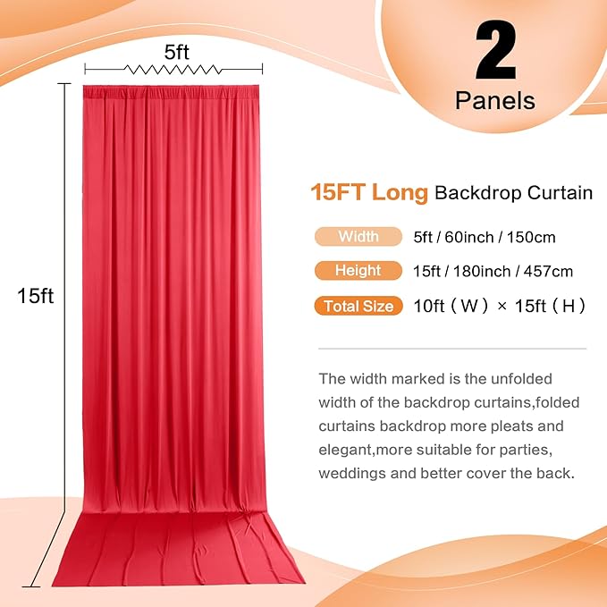 10ft x 15ft Red Wrinkle Free Backdrop Curtains for Parties,Silky Polyester Fabric Wedding Ceiling Drapes, 2 Panels 15ft Photo Back Drop Drapes for Baby Shower Photography Stage Background Cloth