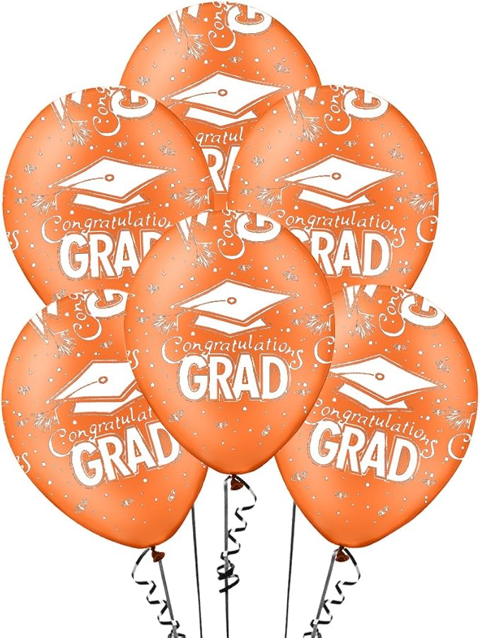 PMU 100 Pcs Orange Graduation Balloons Class of 2025 with All-Over Print White Grad Caps-Confetti and Streamers | Graduation Party Supplies | Congratulations Grad Latex Balloons Latex