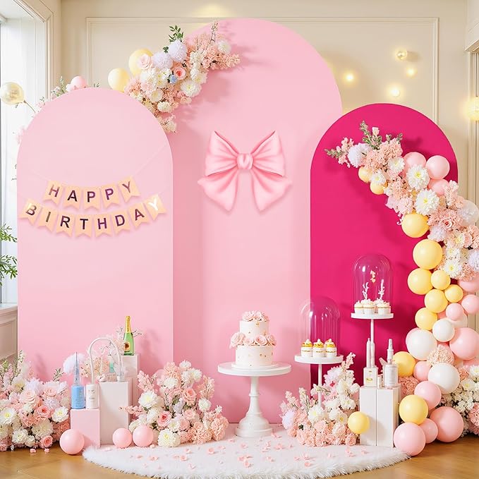 Pink and Hot Pink Arch Cover 3 Set-6FT, 5FT, 4FT Arch Backdrop Cover Spandex Fitted 2- Color Fabric Stand Covers for Baby Shower Girls Birthday Party Wedding Photo Background Decorations