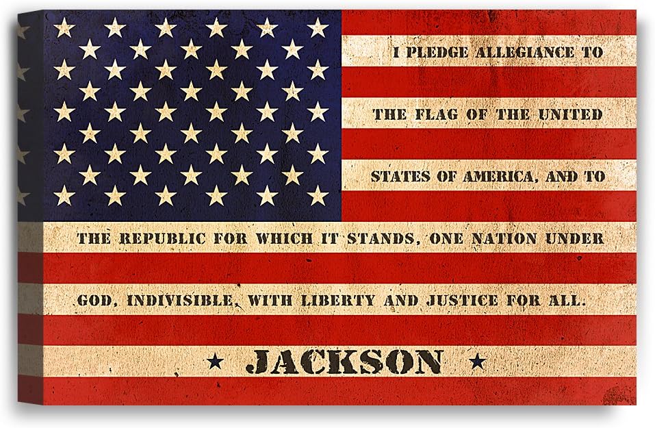 IPIC - American Flag, Personalized Canvas print with Family Name and Oath, Custom Canvas Wall Art for Independent Day, Thanksgiving and Christmas. 18x12