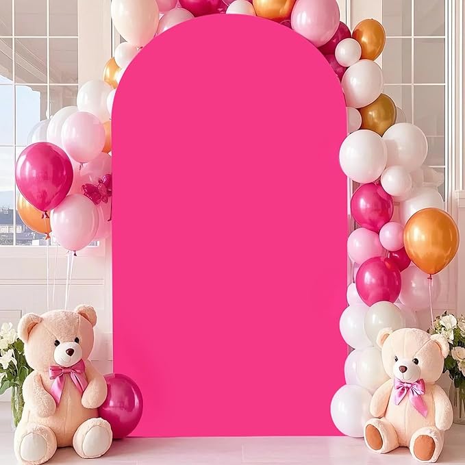 Metal Arch Backdrop Stand and Arch Cover 7.2FT Wedding Arch Stand with Hot Pink Backdrop Cover 2 Sides Spandex Fitted Arched Stands with Covers Set for Bridal Shower Banquet Decorations