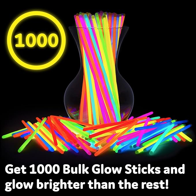 PartySticks Glow Sticks Party Supplies 1000 pack - 8 Inch Glow in The Dark Light Up Sticks Party Favors, Glow Party Decorations, Neon Party Glow Necklaces and Glow Bracelets with Connectors