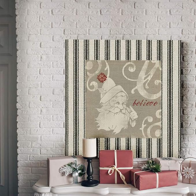 Renditions Gallery Believe Santa Claus Wall Art, Christmas & Winter Decor, Cream & Red, Striped Fabric Look, Premium Gallery Wrapped Canvas, Ready to Hang, 24 in H x 24 in W, Made in America