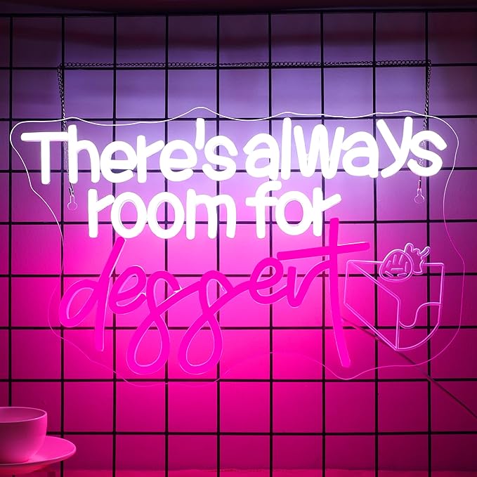 NOSUN There's Always Room for Dessert Neon Sign LED Bar White Text Treat Yourself for Snack Candy Dessert Flower Bar Bedroom Wall Decor Wedding Birthday Party Home Room Gift