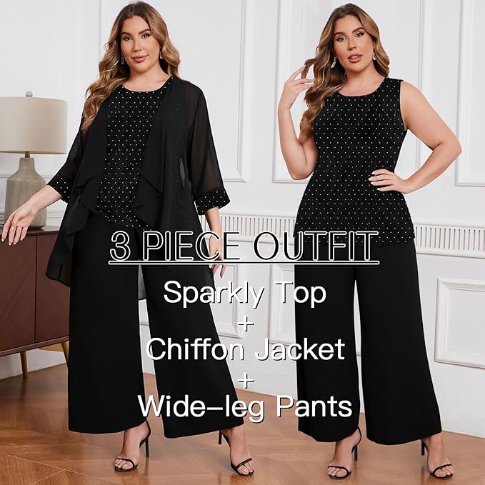 ZOMVA Plus Size 3 Piece Formal Pantsuit Sparkly Chiffon Jacket Set Dressy Outfit Mother of The Bride Groom Wedding Cocktail