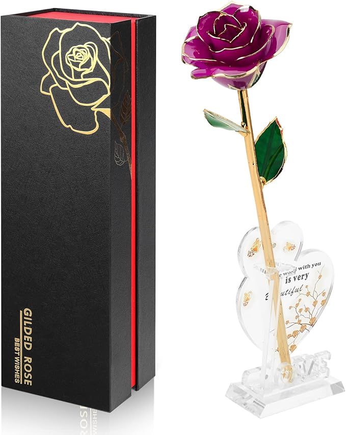 Gold Dipped Infinity Rose Last Forever Flower Decor, Birthday Gift for Women in Her Birthday Valentines Day Mothers Day, Resin Preserved Rose | Anniversary Present for Mom (Purple)