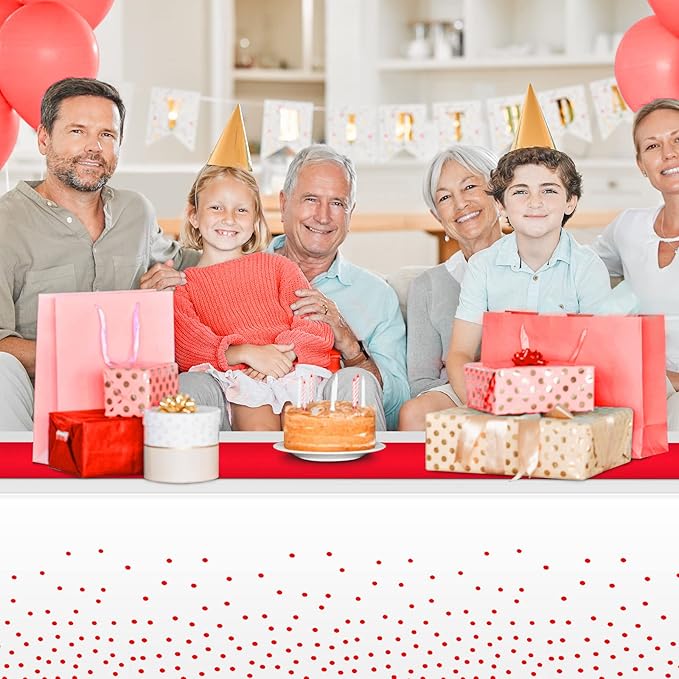 16Pack Disposable Plastic Tablecloths and Satin Table Runner Set White and Red Dot Tablecloth Red Satin Table Runner for Wedding Birthday Baby Shower Anniversary Christmas New Year Party Supplies