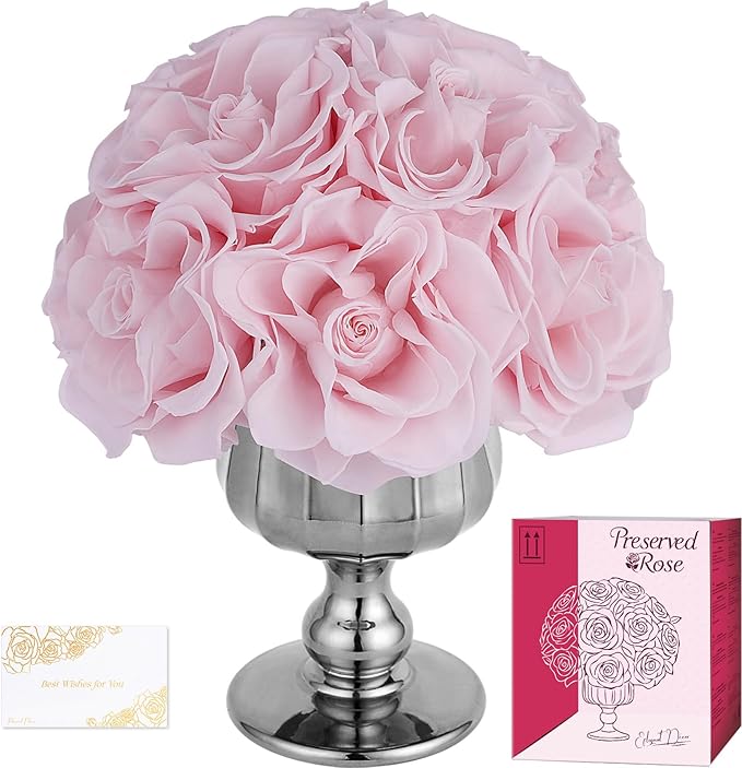 Forever Flowers Preserved Pink Roses in Glass Vase, Flower for Delivery, Eternal Roses Romantic Gift for Women, Table Centerpiece Flowers for Home Decor, Birthday Anniversary Valentine’s Day Gift