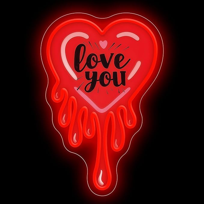 Love You Dripping Heart Neon Sign, Red Melting Heart UV Printed LED Light for Bedroom, Living Room, Valentine's Day Party Wall Art, Romantic Home Decor, Couple Gift 10″ × 15″