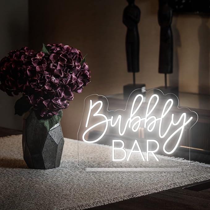 Bubbly Bar Neon Sign Tabletop, Handmade White Wedding LED Neon Light with Stand for Wedding Engagement Event Party Baby Bridal Shower Home Champagne Mimosa Bar Reception Table Sign - 15''