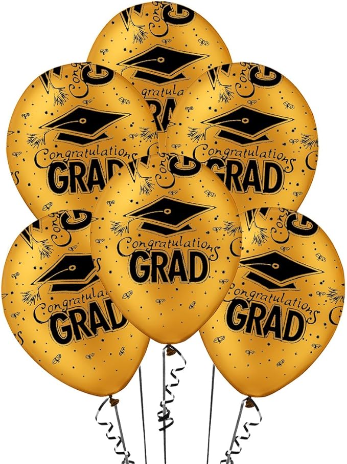 PMU 100 Pcs Gold Graduation Balloons Class of 2025 with All-Over Print White Grad Caps-Confetti and Streamers | Graduation Party Supplies | Congratulations Grad Latex Balloons Latex