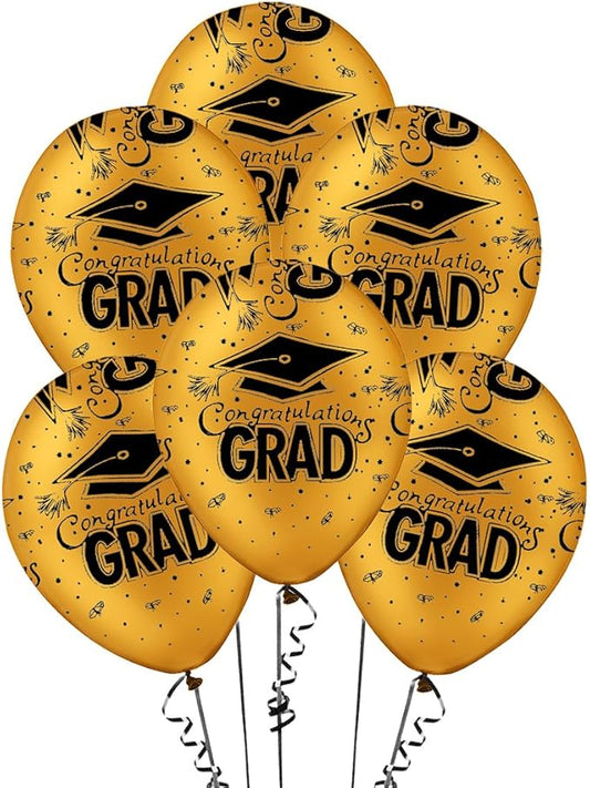 PMU 100 Pcs Gold Graduation Balloons Class of 2025 with All-Over Print White Grad Caps-Confetti and Streamers | Graduation Party Supplies | Congratulations Grad Latex Balloons Latex