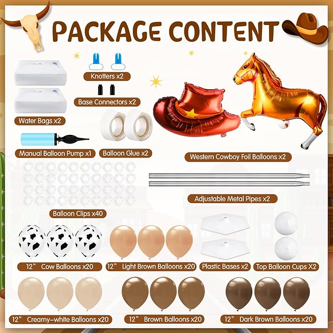 Kasyat 2 Sets Cowboy Birthday Party Balloon Column Stand Kit Western Party Decorations, Hat and Horse Foil Balloons Adjustable Stands for My First Rodeo Decorations Boy