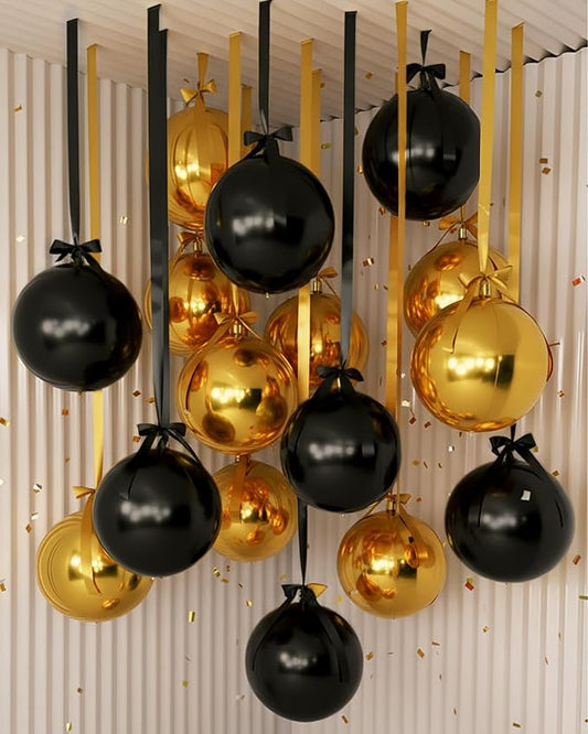 Jenaai 30 Set Round Foil Balloons Bulk 22 Inch 4d Metallic Giant Balloons Set with Satin Bows Ribbon for Ceiling Holiday Ornaments New Year Birthday Wedding Party Decoration(Black Gold)