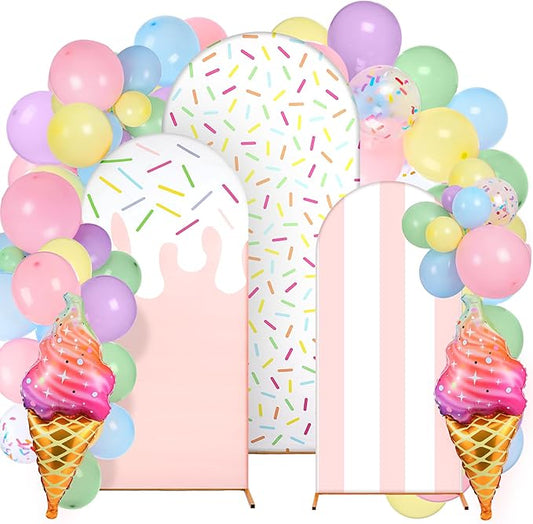 34 Pcs Sweet One Birthday Decorations Pastel Donut Ice Cream Balloon Arch Backdrop Covers Pastel Spandex Arch Backdrop Cover with Ice Cream Foil Donut Balloons for Sweet Birthday Party