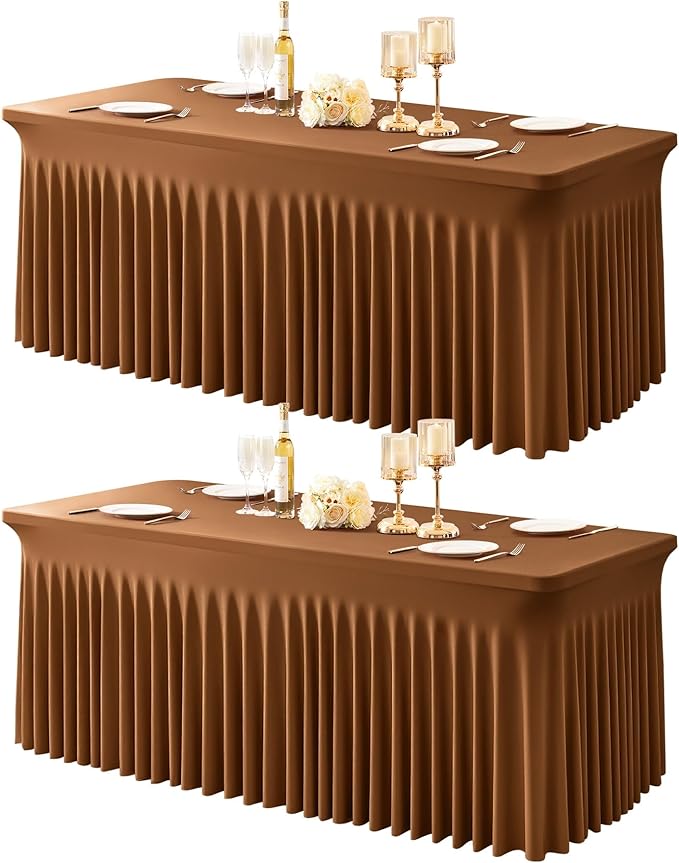 2 Packs Brown Table Clothes for 4 Foot Rectangle Tables, One-Piece Wrinkle Resistant Stretch Spandex Table Covers with Skirt for Event Banquet Wedding Birthday Party