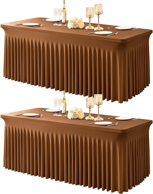 2 Packs Brown Table Clothes for 4 Foot Rectangle Tables, One-Piece Wrinkle Resistant Stretch Spandex Table Covers with Skirt for Event Banquet Wedding Birthday Party