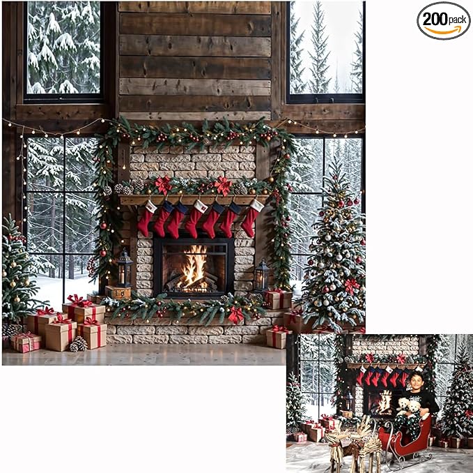 Kate 8x8ft Christmas Photo Backdrop Winter Fireplace with Stockings Decoration Snow Window Backgronds Christmas Tree Scene Xmas Party Background for Photography