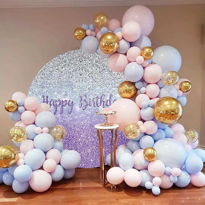 Renaiss Purples Happy Birthday Round Backdrop Cover 7.2 ft Polyester Fabric Shiny Purples and Silver Sequins Circle Photo Background for Gorgeous Happy Birthday Party Decorations