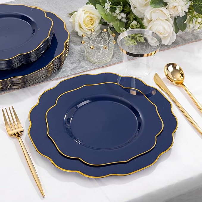 bUCLA 180PCS Blue Plastic Plates - Navy Blue and Gold Rim Disposable Include 30 Each (Dinner & Dessert) Plates, 30 Knives, 30 Forks, 30 Spoons and 30 Cups, Ideal for Party, Gathering and Hanukkah