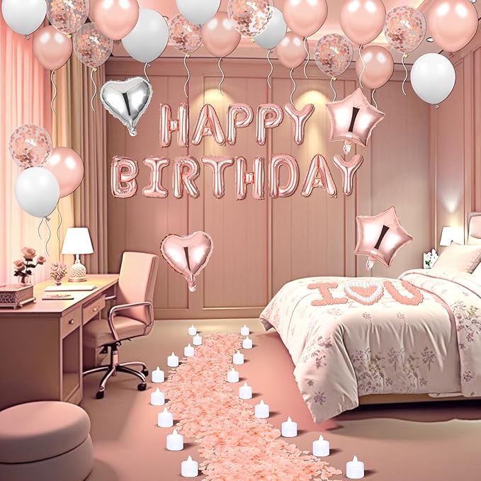 Pink Birthday Balloons Decorations Rose Gold Birthday Balloon Letters Banner with 6 Pcs Star Balloons Pink Artificial Rose Petals 24 Flameless LED Candles for Room Bday Party Decorations Supplies