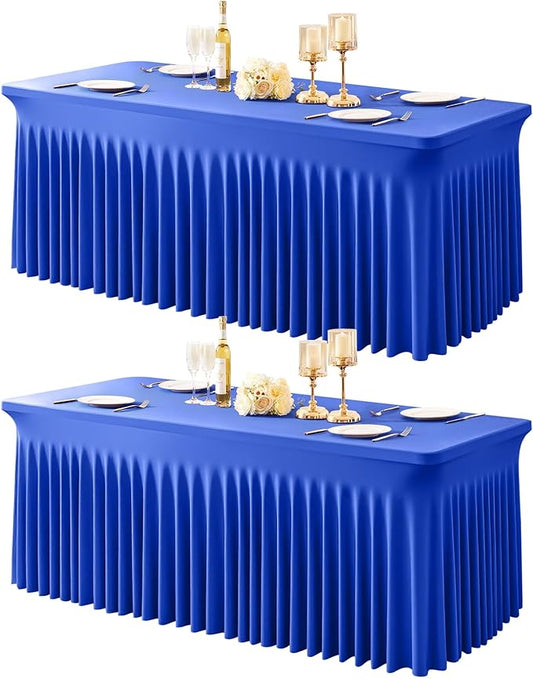 2 Packs Royal Blue Table Clothes for 6 Foot Rectangle Tables, One-Piece Wrinkle Resistant Stretch Spandex Table Covers with Skirt for Event Banquet Wedding Birthday Party