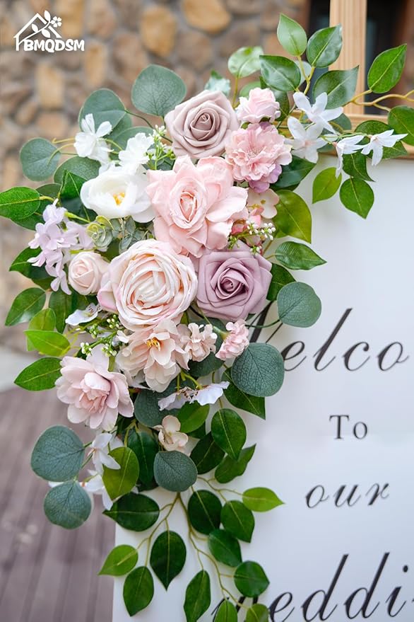 Faux Flowers Wedding Welcome Signs Floral(Pack of 2)，Wedding Arch Flowers Swag for Decorations and Reception Backdrop Decoration (Pink)