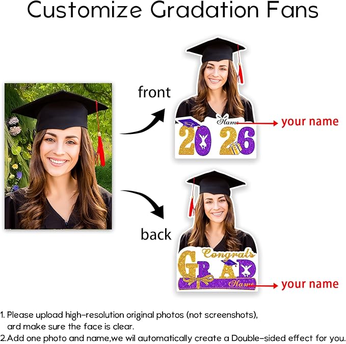 Personalized Graduation Face Fan 2026 Grade Custom Double Sided Face Cutout Fan with Handle Photo Booth Prop Party Supplies(B-Purple and Gold,24pcs)