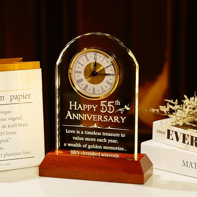 YWHL 55th Wedding Anniversary Clock Gifts for Parents Grandparents, 55 Years for Couples, Table Clock Glass Presents with Wooden Light Base for Home Decoration (Battery not Included)