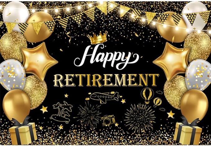 15x8ft Happy Retirement Photography Backdrop Black and Gold Retirement Party Decorations Backdrop Background Balloons White Lights Glitter Celebrate Retirement Party Supplies Studio Props